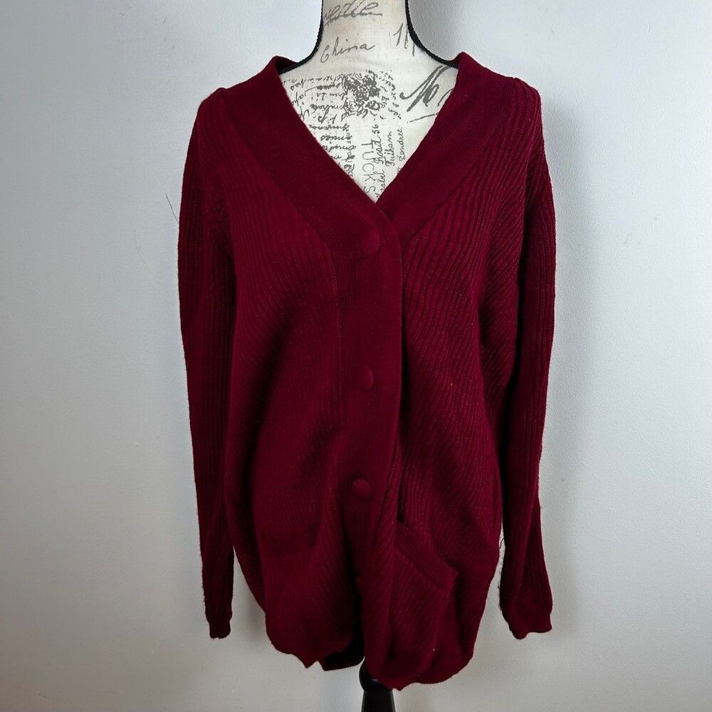 Burgundy Ribbed Knit Cardigan Sweater Womens Medium Red V-Neck Button